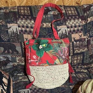 Tropical Red Floral Straw Tote Bag
